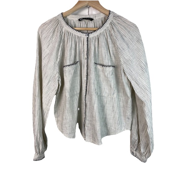 Zara Tops - Zara Women S Creamy White Black Striped Embroidered Puff Sleeve Button Up Blouse